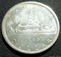 Obverse showing the canoe and Indigenous men design with date 1965 and 'CANADA DOLLAR' inscription.