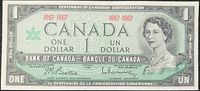 Front side of the 1967 Bank of Canada one dollar note showing Queen Elizabeth II and official signatures.