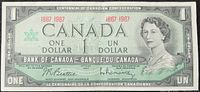 Front side of 1967 Bank of Canada 1 dollar note with portrait of Queen Elizabeth II and centennial dates.