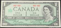 Front side of 1967 Bank of Canada 1 Dollar Note showing Queen Elizabeth II portrait, bilingual text, and centennial dates 1867-1967.