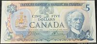 Front side of the 1979 Bank of Canada 5 dollar note showing portrait of Sir Wilfrid Laurier and security features.