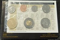 Photo of first plastic sleeve containing 7 different Canadian coins with specification card