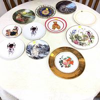 Photo of 11 assorted collector's plates arranged on a white tablecloth displaying various artistic and decorative designs
