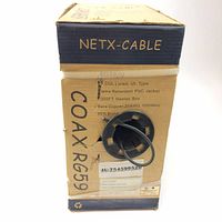 Box front side showing Netx-Cable branding, coax RG59, specifications like 1000 ft length, bare copper 20AWG, 95% braid, PVC flame retardant jacket.