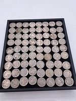 Overview of 58 Buffalo Nickel coins arranged in a display tray showing obverse and reverse sides in varying condition.