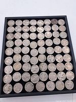 Top down photo showing 59 Buffalo Nickel coins in a black tray.