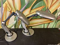 Pair of adjustable silver Sun Light Lamps by Lights of America on a dark surface, side angle showing lamp arms and bases.