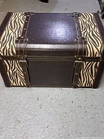 Front view of the storage chest showing zebra pattern on sides and leather-like top panel with metal clasp closures