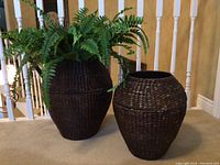 Front view of two dark brown woven wicker baskets with a plant inside the larger basket, showing texture and size.