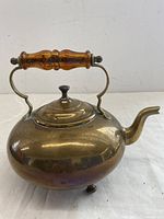 Front angled view of brass kettle showing amber handle, lid, and body surface condition with some pitting and dents visible.