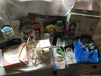 Wide view showing majority of items including craft kits, plush dolls, ceramic piggy bank, bandanas, scissors, and wash mitts