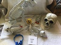 View of the lot showing all skeleton figures and the yellow emoji ball on a fabric surface.