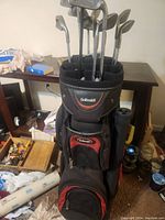 Full view of golf clubs standing inside Golfsmith golf bag with zipped compartments.