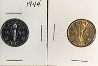 Obverse sides of 1944 silver nickel coin on left and 1943 golden Tombac coin on right.