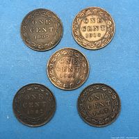 Five Canada Large Cent coins arranged on blue background showing the reverse side with 'ONE CENT' and year dated 1902, 1906, 1907, 1909, 1910