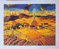 Front view of vibrant lithograph print showing village church in countryside with hills and sky