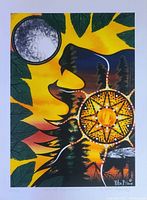 Close image of the vibrant lithograph print showing the detailed sun, bear silhouette, star motif, and artist signature.