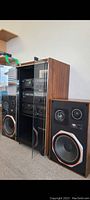 Front-right angled view of wood veneer cabinet with glass doors and both speakers