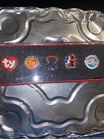 Front view of all five cloisonné pins in their black foam case with red-bordered clear lid.