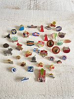 Overview of entire pin collection showing approximately 44 pins arranged in rows on a white fabric surface.