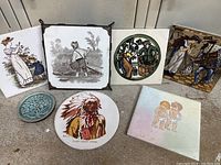 Seven decorative vintage and antique tiles with varied scenes and motifs including Mattlach, Mintons, native American, floral and toddlers.