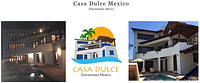 Nighttime exterior shot showing balconies, pool area and ambient lighting alongside Casa Dulce Mexico logo