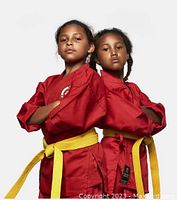 Two children wearing red karate gi with yellow belts and BMS Karate School logo patch