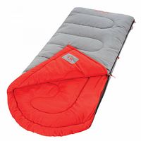Full view of the Coleman Dexter Point sleeping bag showing grey exterior and red interior, rectangular shape with quilted padding.