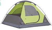 Green and gray dome-shaped tent with one large door and mesh window visible, pitched setup.