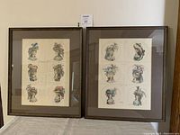 Full view of two framed Victorian cut paper art prints titled 'Hats' circa 1880, wood framed with glass and mats.