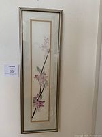 Full vertical view of the framed watercolour painting showing the floral pink Asian violet branch and frame details.