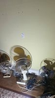Front view showing several table fans arranged on floor against wall, various sizes and styles with metal blades and cages