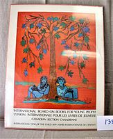 Front view of poster showing artwork of two children reading under a tree with orange background