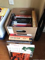 Photo showing a cardboard box containing multiple books on cinema and fairy tales.