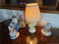 Photo showing a lamp with beige shade and three porcelain figurines on a wooden surface in front of a mirror.