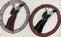 Close-up photo of two circular stained glass hangings depicting wizards inside each circle, one in red robes and the other in black robes, both holding clear orbs.