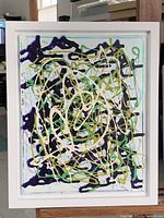 Full image of the framed abstract acrylic painting featuring overlapping colorful lines in a Riopelle style