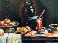 Close-up photo of the painted still life focusing on the central objects: bowl with apples, a dark vase, red container with a spoon, and other vessels on a cloth-covered table.