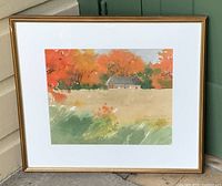 Framed watercolour painting with autumn colors, depicting Altona Meeting House surrounded by trees with fall foliage.