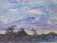 Close-up image of the watercolour painting showing the sky and tree silhouettes.