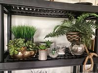 Overview of nine faux plant displays arranged on black shelf showing variety of pots and foliage types.