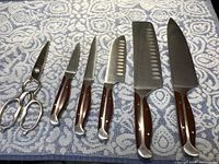 All tools arranged on blue patterned cloth