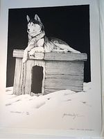 Full view of the stone lithograph showing the Alaska sled dog on the doghouse with snow and a black background rectangle.