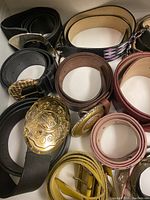 Overview of multiple belts arranged showing different colors and buckle styles