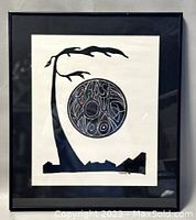 Front view of framed black and white print by C. Gales depicting an abstract tree and circular text design.