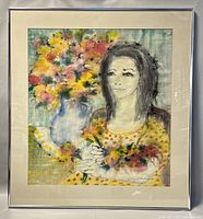 Framed watercolour painting of woman holding flowers with vase in background