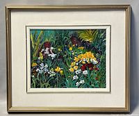 Framed oil painting showing the floral garden subject and entire frame from a distance.