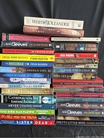 Stacked fiction books by various authors, showing titles and authors on spines to identify the collection.