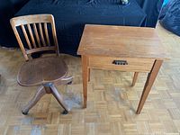 Photo showing the solid wood desk and chair set with parquet wood floor background