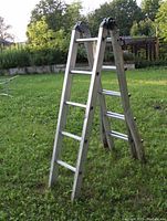 Stepladder set up in A-frame position outdoors on grass, showing one side with 5 rungs and locking hinge at the top